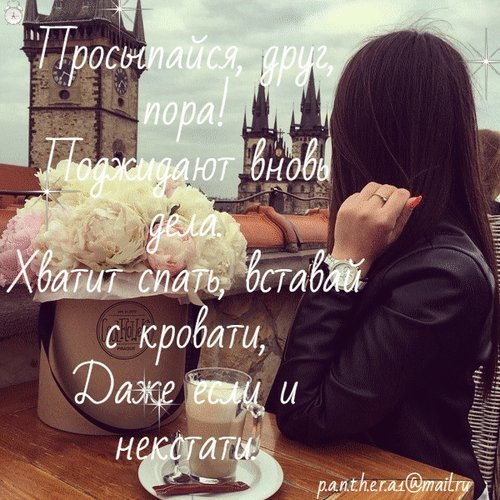 Анимированная открытка Просыпайся, друг, пора! Поджидают вновь дела. Хватит спать, вставай с кровати, Даже если и некстати. Анимированная открытка Просыпайся, друг, пора! Поджидают вновь дела. Хватит спать, вставай с кровати, Даже если и некстати.