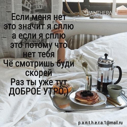 Анимированная открытка Если меня нет это значит я сплю а если я сплю это потому что нет тебя Че смотришь буди скорей Раз ты уже тут ДОБРОЕ УТРО Анимированная открытка Если меня нет это значит я сплю а если я сплю это потому что нет тебя Че смотришь буди скорей Раз ты уже тут ДОБРОЕ УТРО