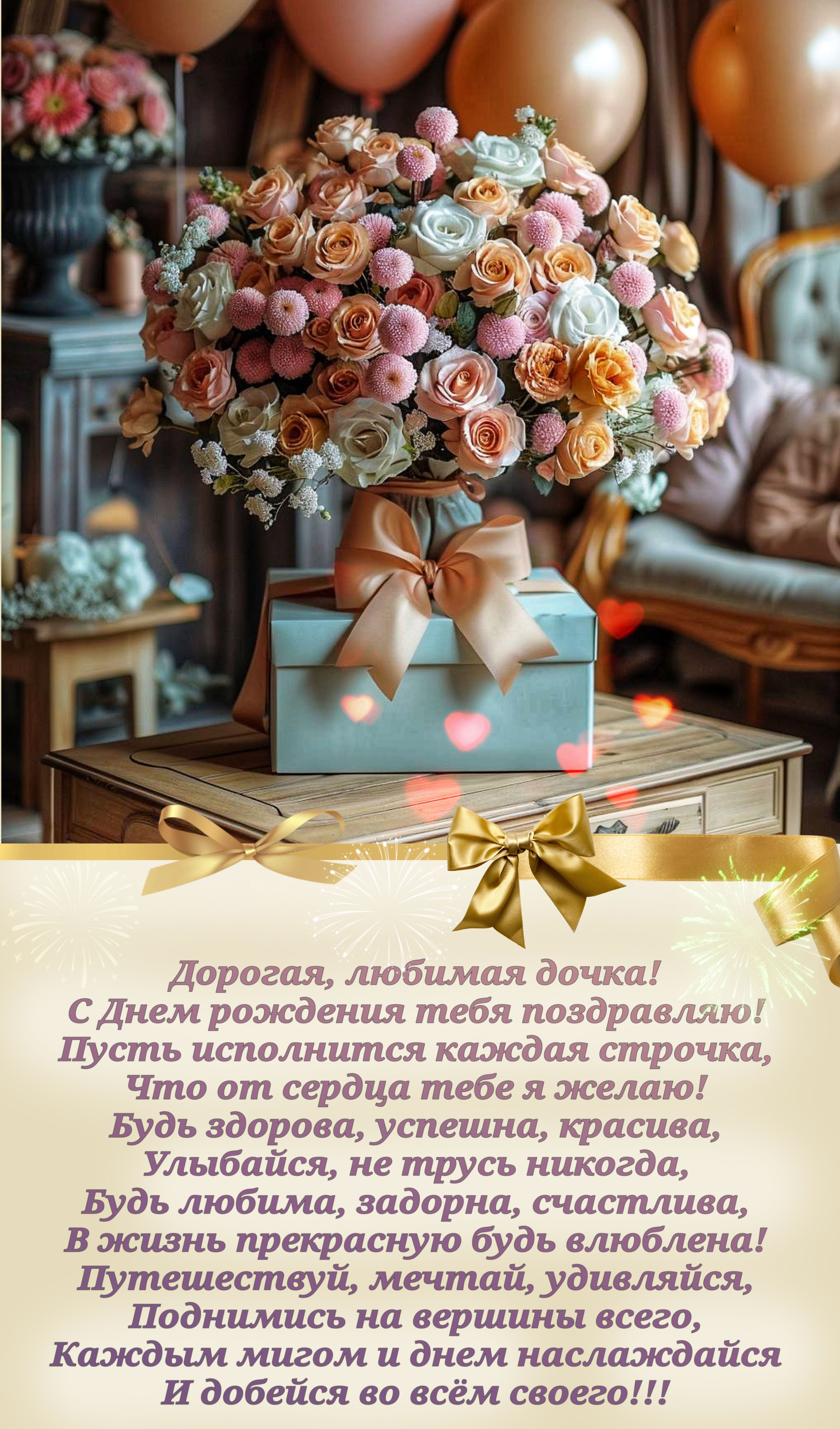 Открытка с днем рождения дочери с пожеланиями в стихах. Букет роз и подарки на столе. Дорогая, любимая дочка!