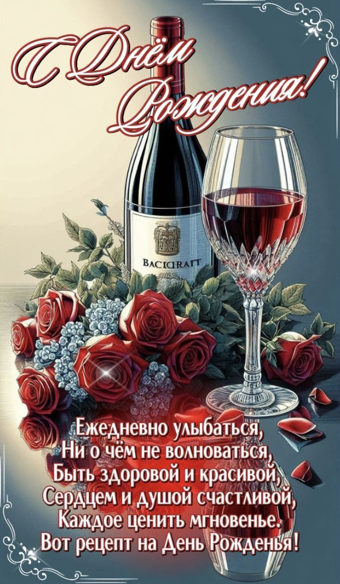 Открытка с днем рождения с пожеланиями в стихах. Вино, красные розы.