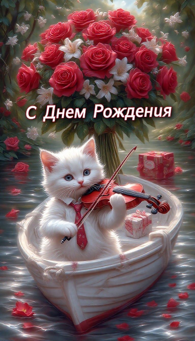 Открытка с днем рождения женщине. Котик на лодке со скрипкой. Букет цветов. Открытка с днем рождения женщине. Котик на лодке со скрипкой. Букет цветов.