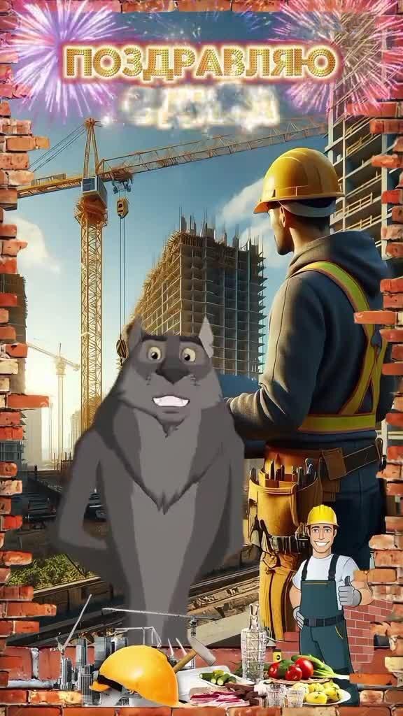 Открытка с днем рождения строителю Строители и волк мультяшный.