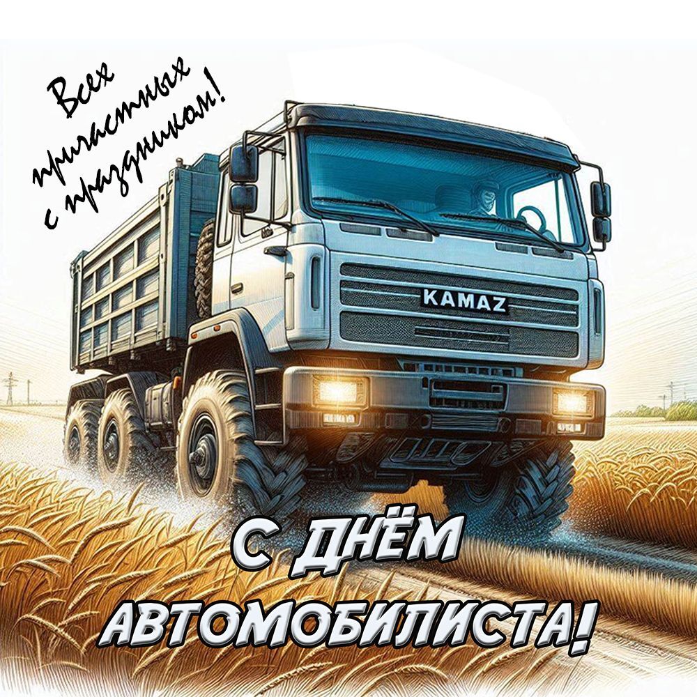 Открытка с Днем автомобилиста. Камаз на сельской дороге.