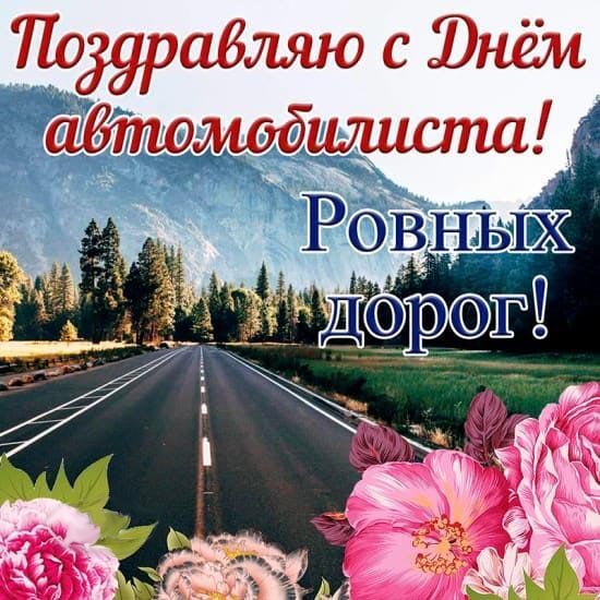 Открытка с Днем автомобилиста. Ровных дорог. Цветы и дорога.