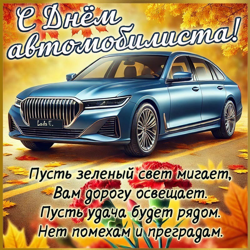 Открытка с Днем автомобилиста. Пожелание на осеннем фоне и автомобиль.