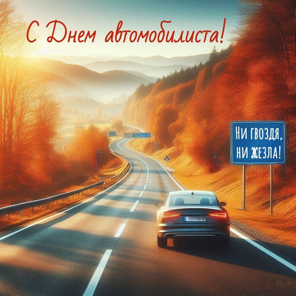 С днем автомобилиста. Осенняя дорога и автомобиль.