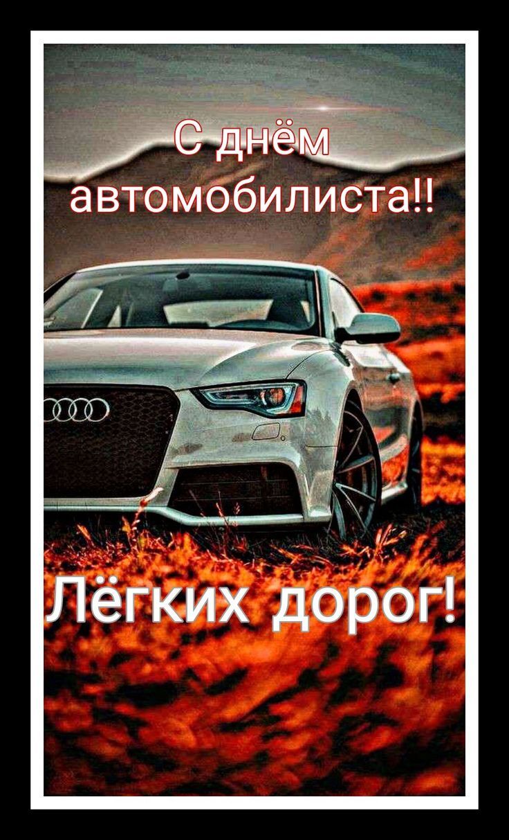 Открытка с Днем автомобилиста. Белый Ауди на природе.