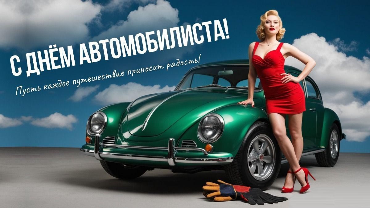 Открытка с Днем автомобилиста. Блондинка и зеленая машинка.