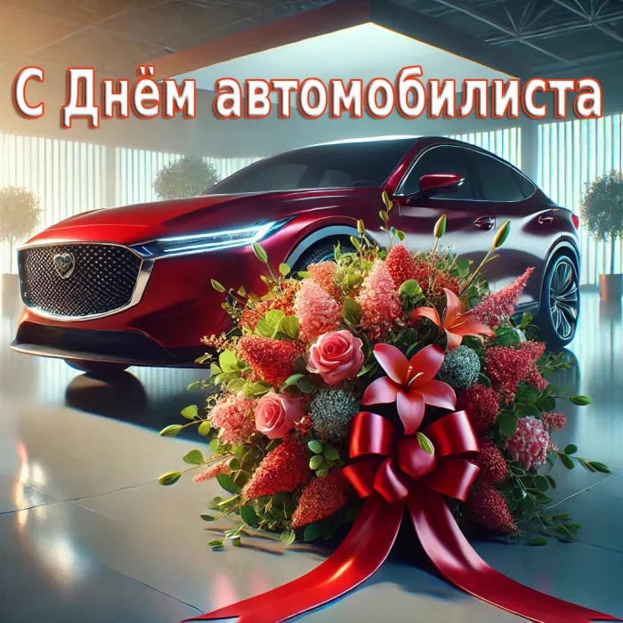 Открытка с Днем автомобилиста. Красный автомобиль и роскошный букет цветов.