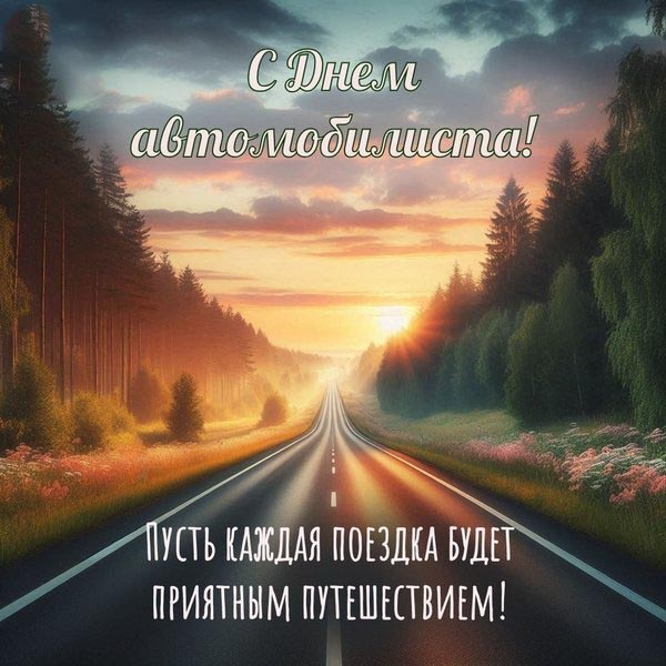 Открытка с Днем автомобилиста. Дорога в красивом лесу.