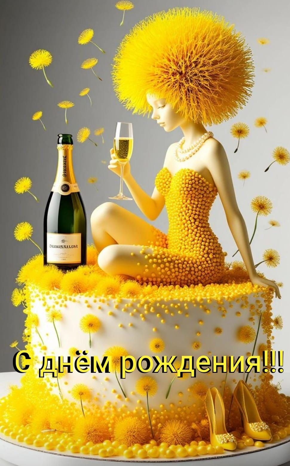 С днем рождения женщине. Стильная открытка. Девушка в желтом на торте. С днем рождения женщине. Стильная открытка. Девушка в желтом на торте.