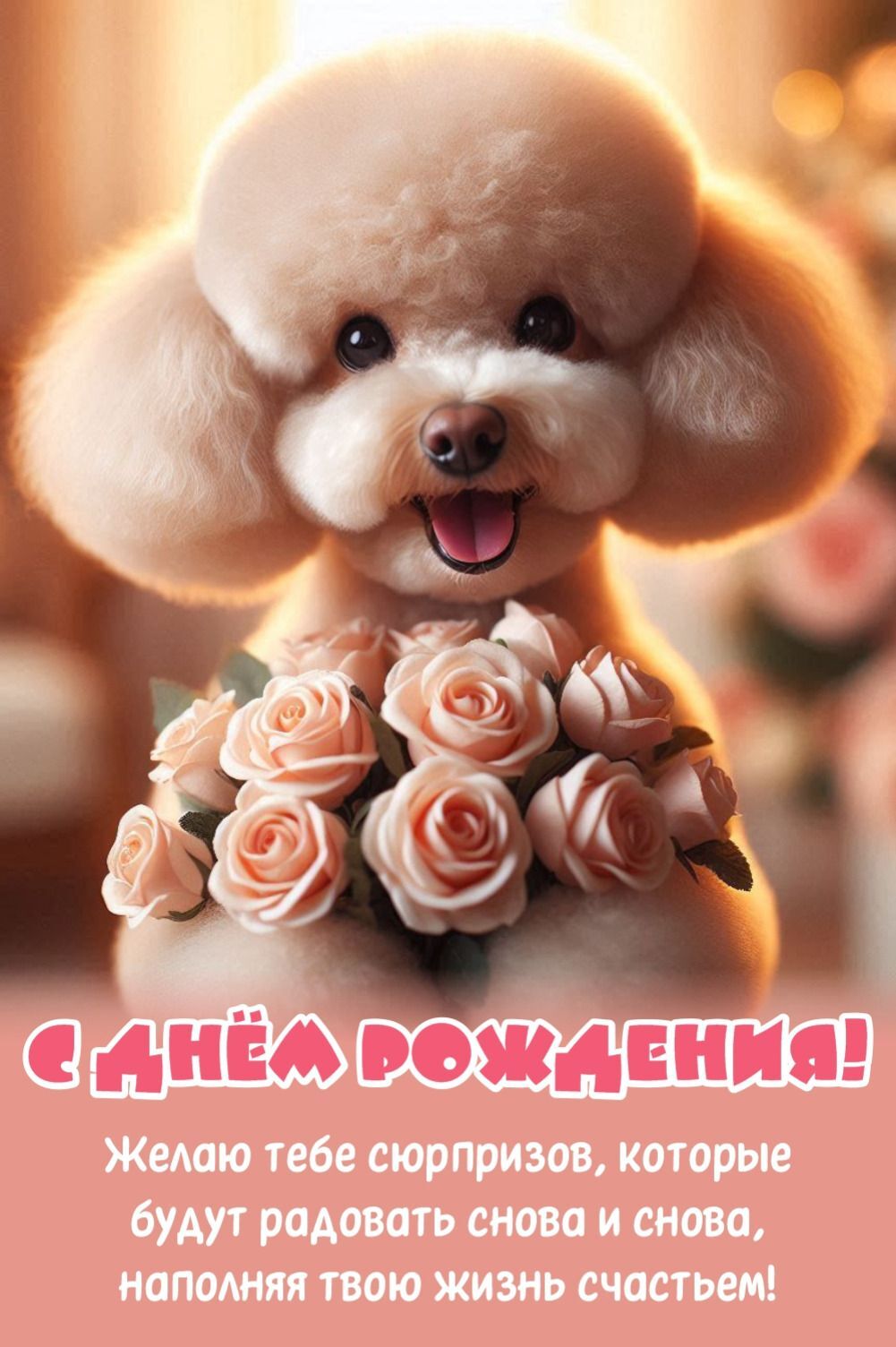 Открытка с днем рождения дочь. Собачка с цветами, пожелание.