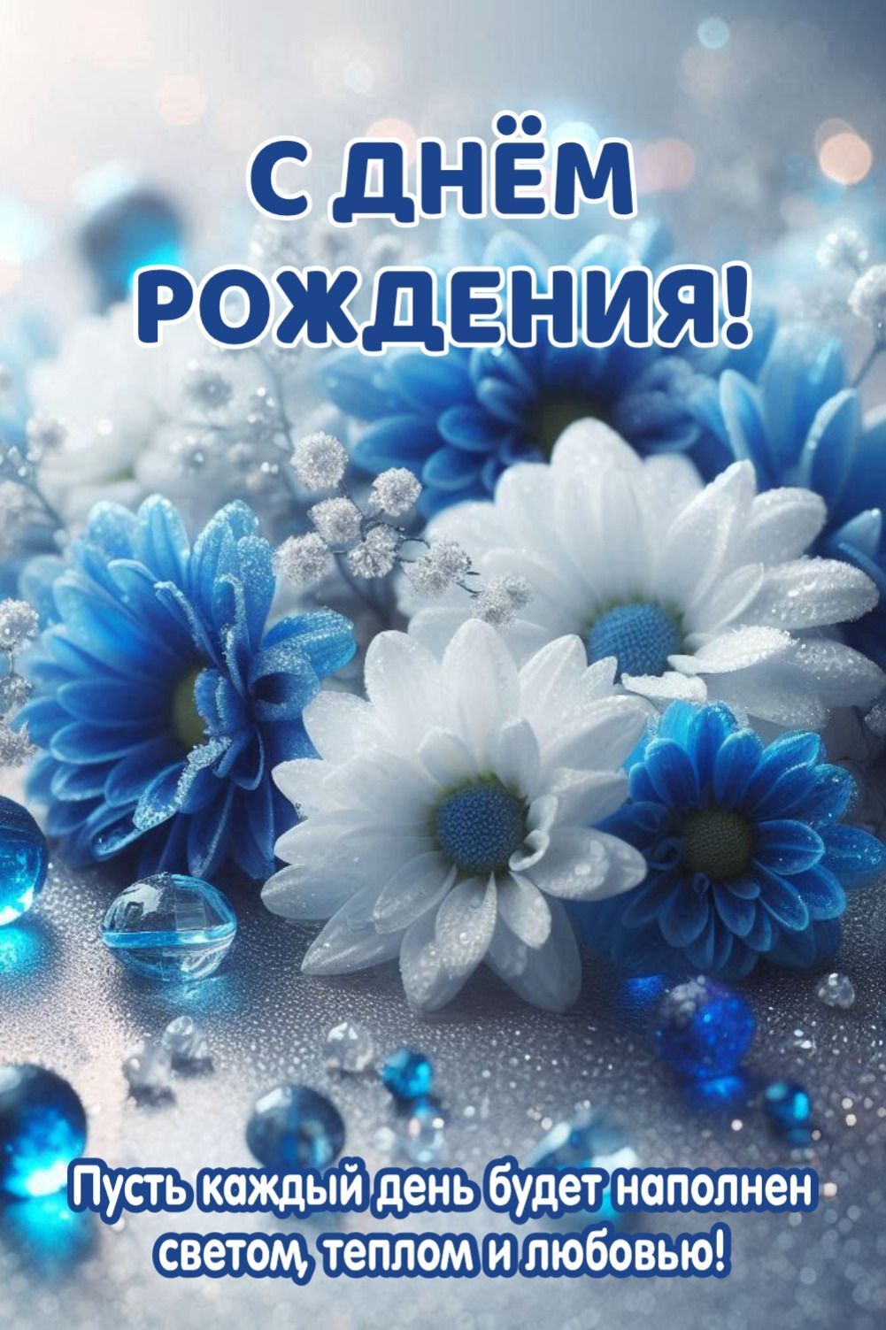 Открытка с днем рождения. Синие цветы и пожелание. Открытка с днем рождения. Синие цветы и пожелание.