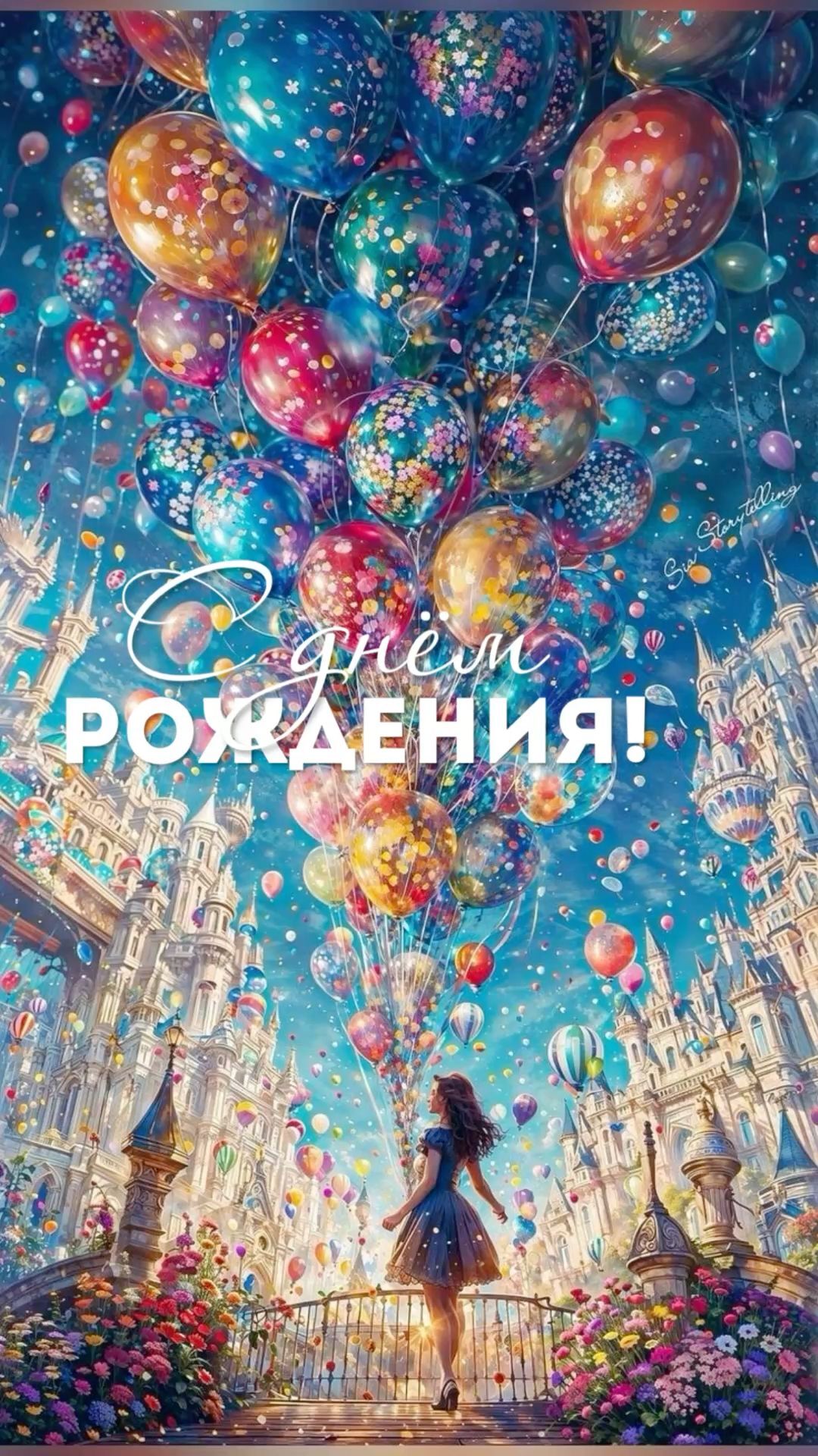 Открытка с днем рождения женщина. Шарики в городе и девушка на мосту. Открытка с днем рождения женщина. Шарики в городе и девушка на мосту.