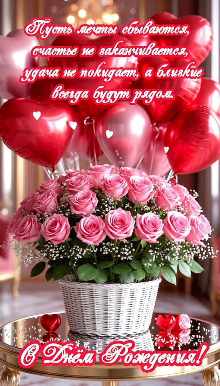 Открытка с днем рождения женщина. Розовые розы и шарики. Открытка с днем рождения женщина. Розовые розы и шарики.