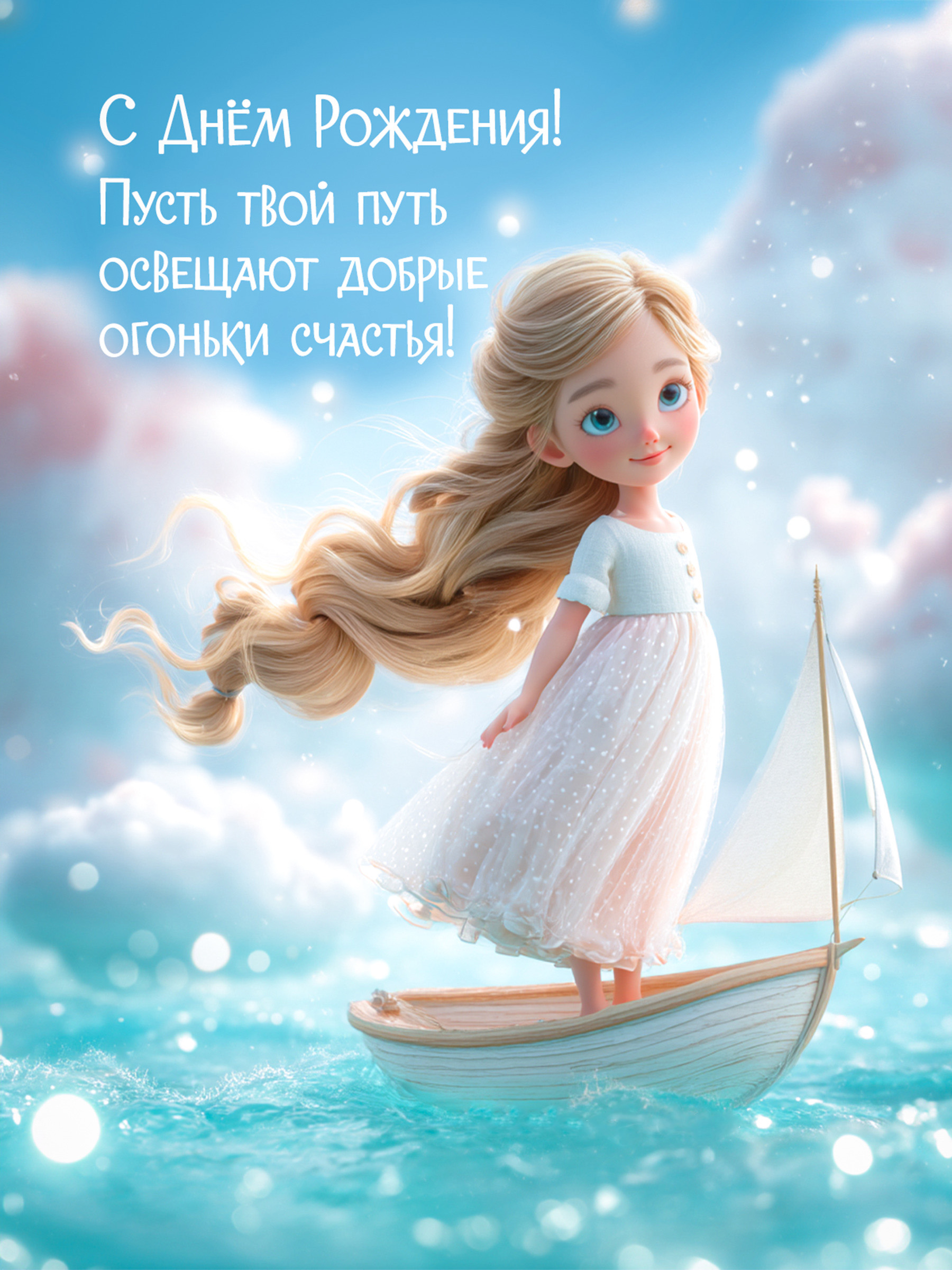 Открытка с днем рождения дочь. Пожелания, девочка на лодочке. Открытка с днем рождения дочь. Пожелания, девочка на лодочке.