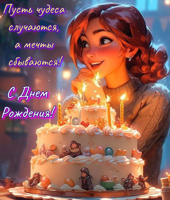 Открытка с днем рождения дочь. Пожелания и девушка с тортом. Открытка с днем рождения дочь. Пожелания и девушка с тортом.