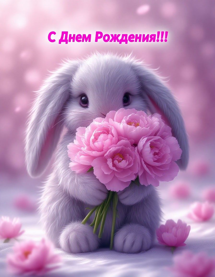 Открытка с днем рождения дочь. Зайчик с розовыми цветами. Открытка с днем рождения дочь. Зайчик с розовыми цветами.