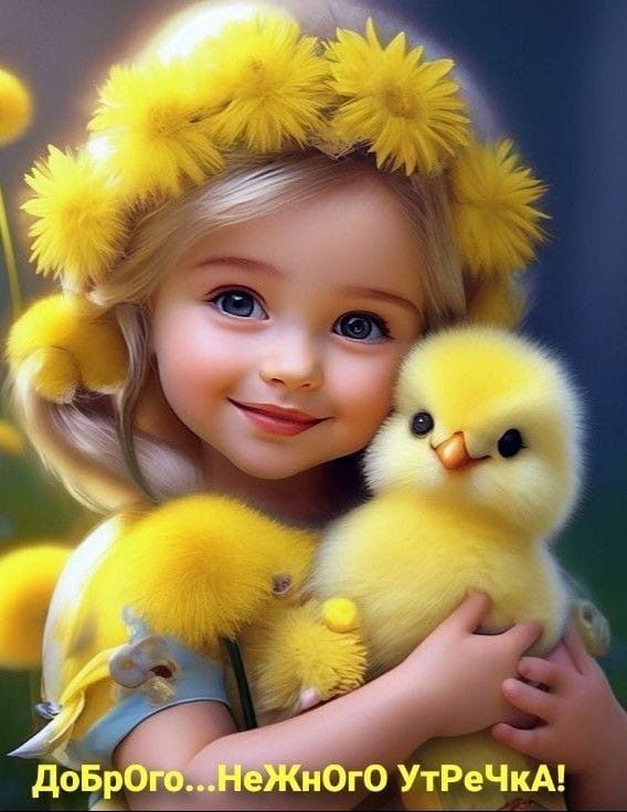 Открытка с добрым утром. Девочка с желтыми цветами и цыпленок. Открытка с добрым утром. Девочка с желтыми цветами и цыпленок.