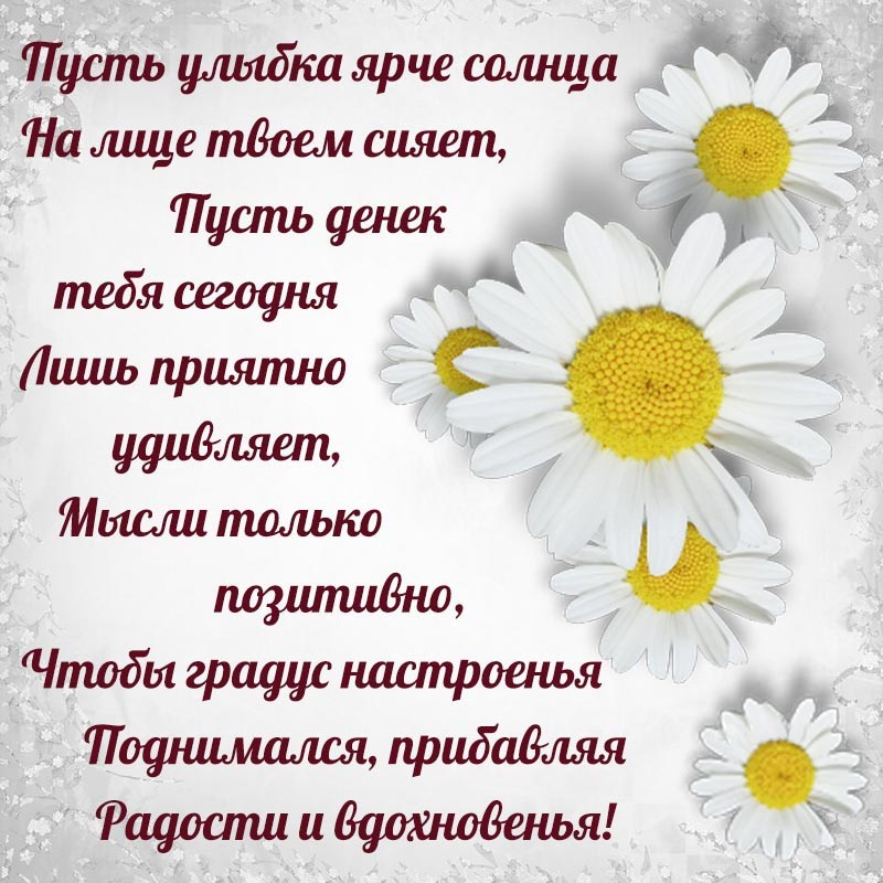 Открытка с добрым утром. Открытка - замечательное пожелание в стихах на фоне ромашек. Открытка с добрым утром. Открытка - замечательное пожелание в стихах на фоне ромашек.