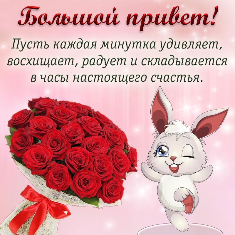 Открытка привет. Открытка - привет и душевное пожелание на фоне роз и зайчика.