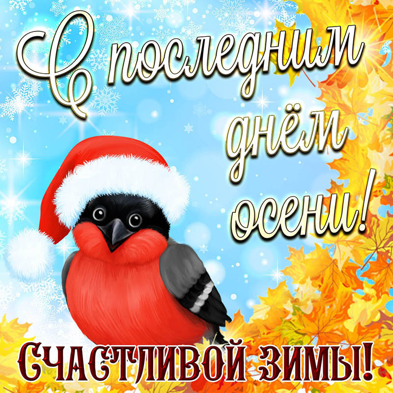 Открытка на осень. Открытка счастливой зимы с птичкой на фоне листьев. Открытка на осень. Открытка счастливой зимы с птичкой на фоне листьев.