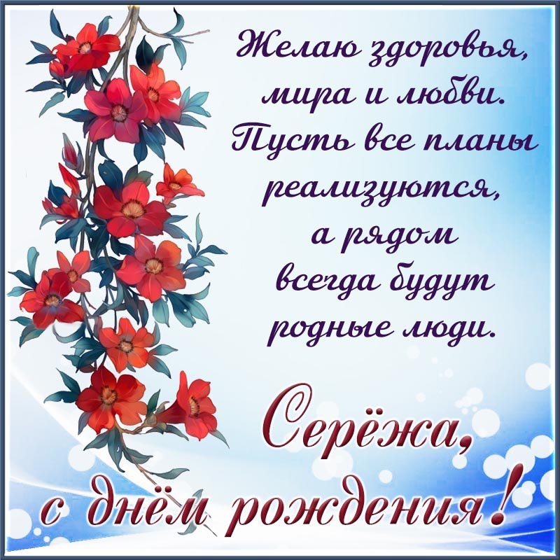 Открытка с днем рождения Сергей Сережа. Цветы и пожелания.