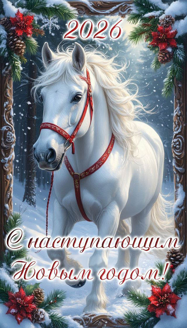 Открытка с Новым годом. С наступающим Новым годом 2026. Белая лошадь, снег, цветы.