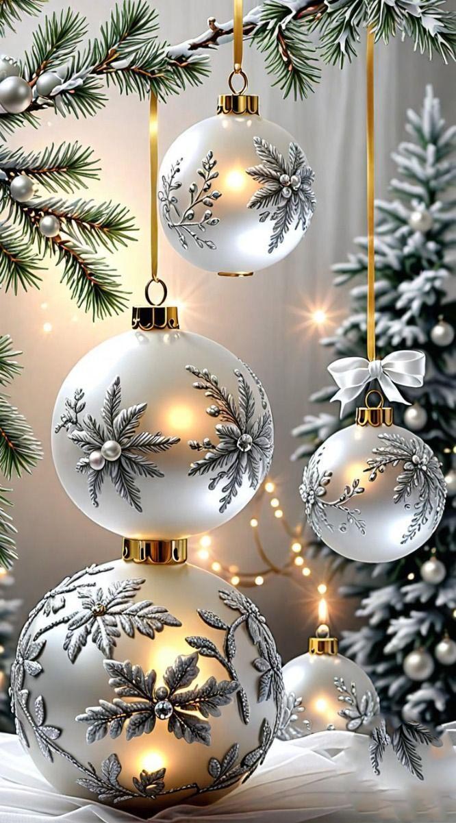 Открытка с Новым годом. Без текста. Серебристые шарики на елочке.