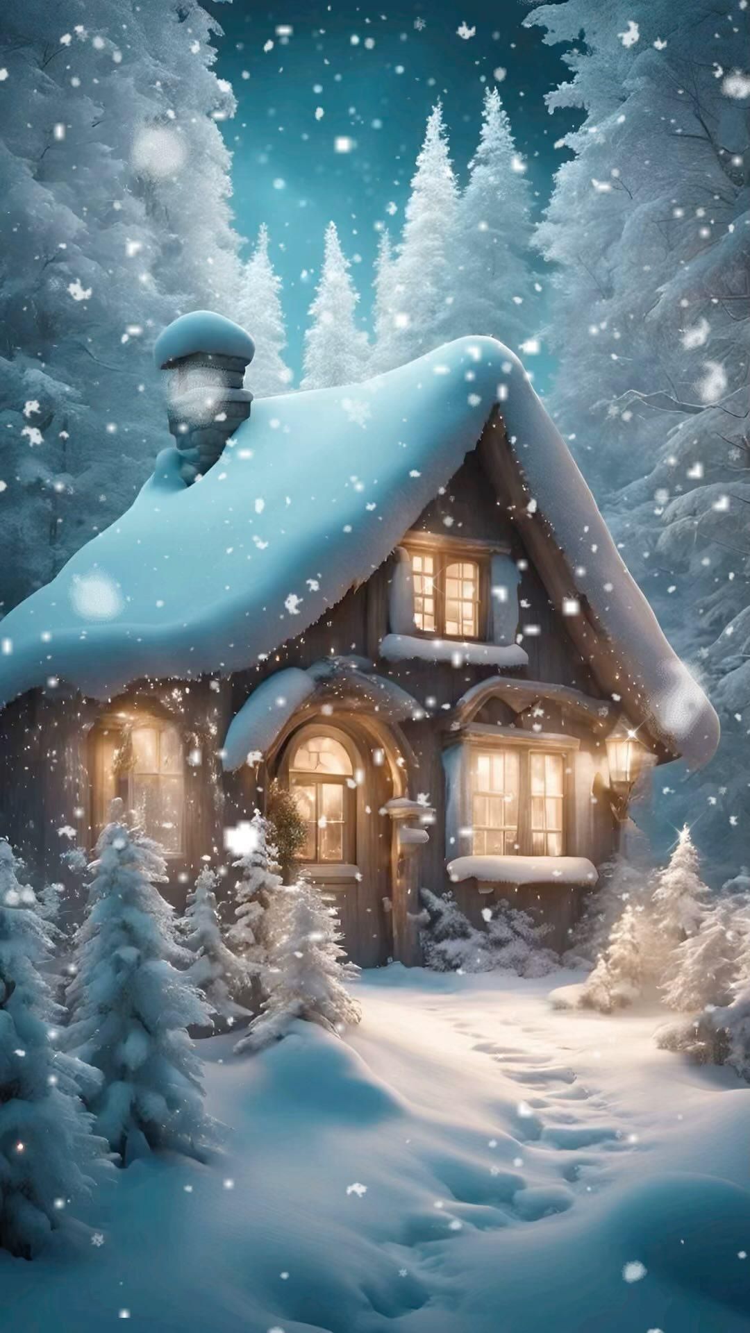 Открытка с Новым годом. Домик под снегом в лесу. Без текста.