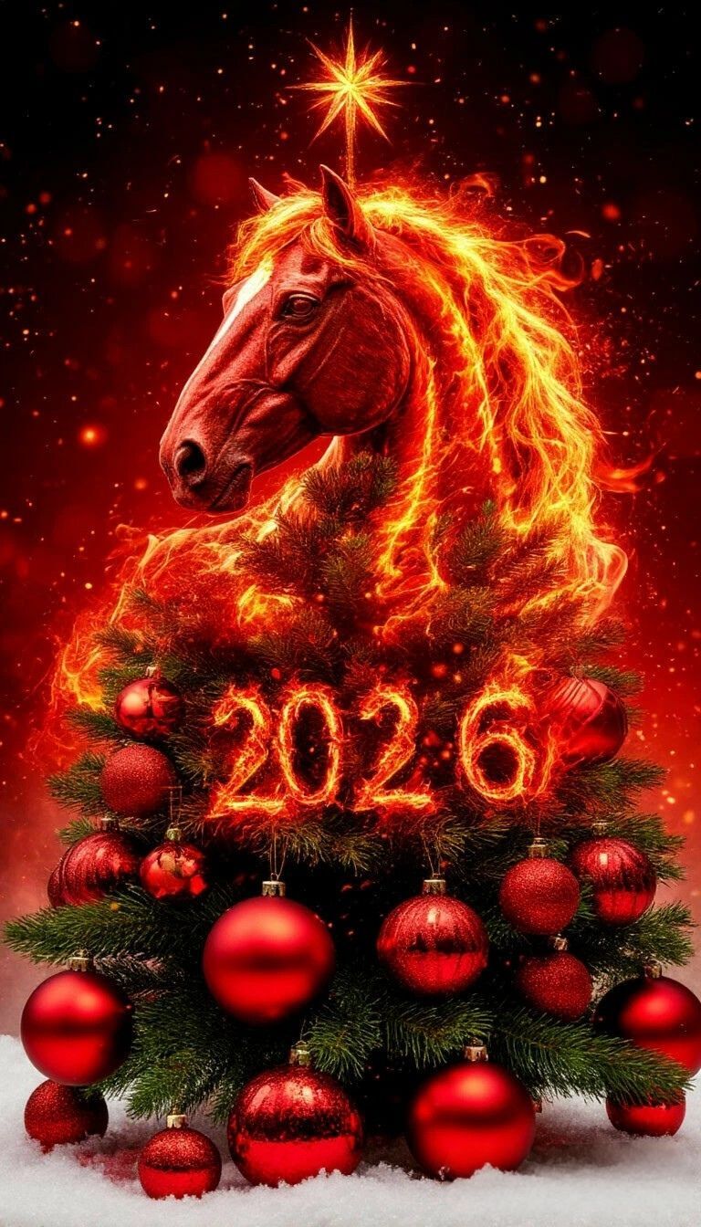 Открытка с Новым годом 2026. Огненная лошадь, шарики.