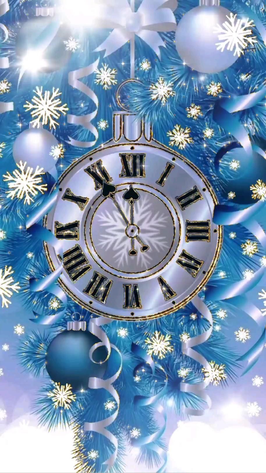 Открытка с Новым годом. Новогодние шарики, часы, снежинки. Без текста. Открытка с Новым годом. Новогодние шарики, часы, снежинки. Без текста.