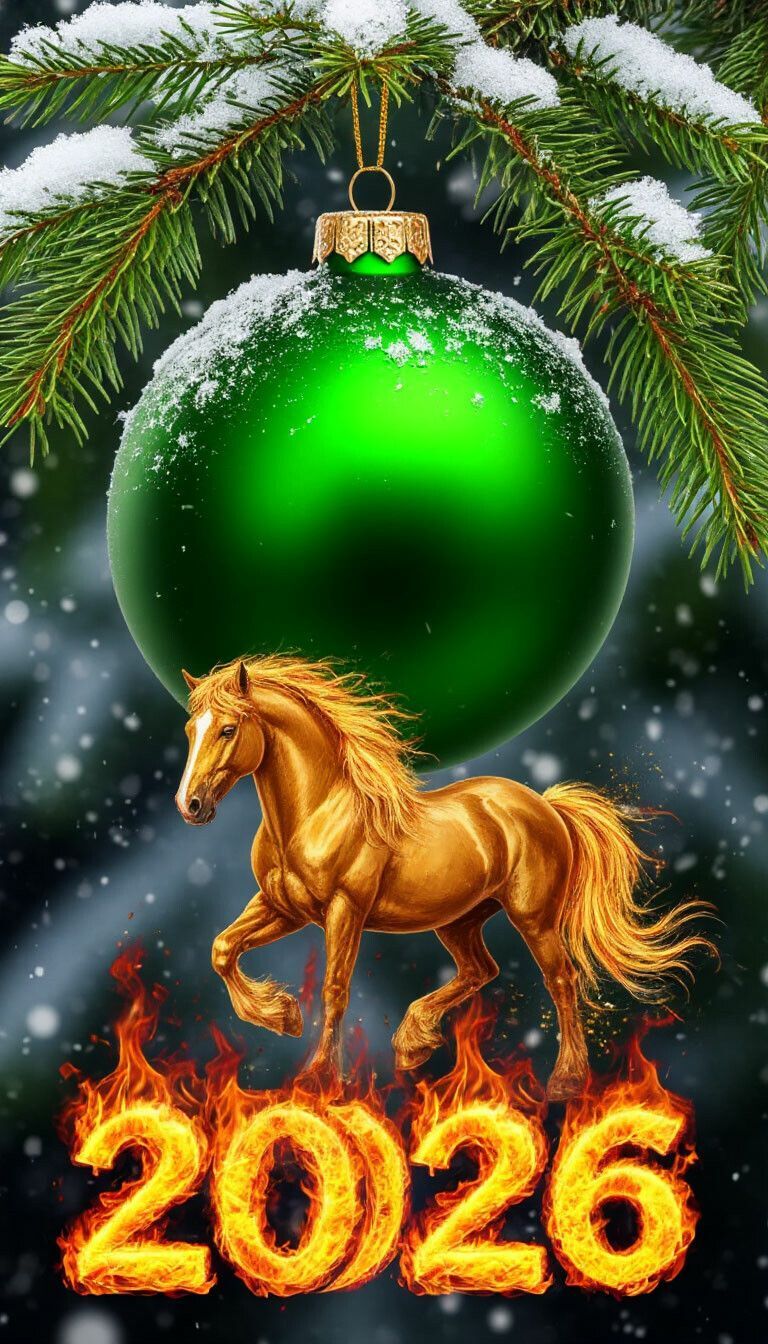 Открытка с Новым годом огненной лошади 2026. Шарик, лошадь и цифры 2026. Открытка с Новым годом огненной лошади 2026. Шарик, лошадь и цифры 2026.