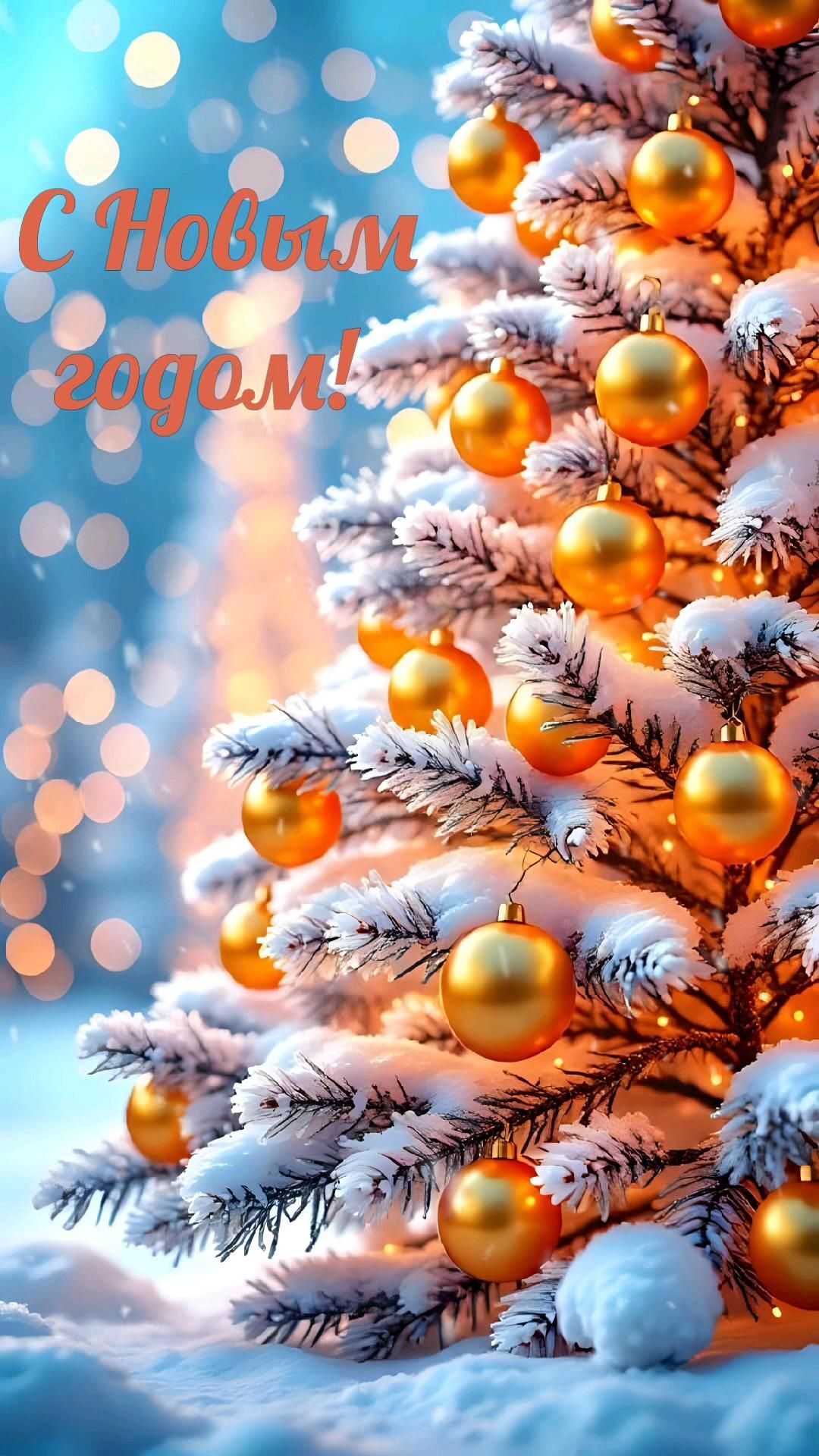 Открытка с Новым годом. Елочка с шариками.