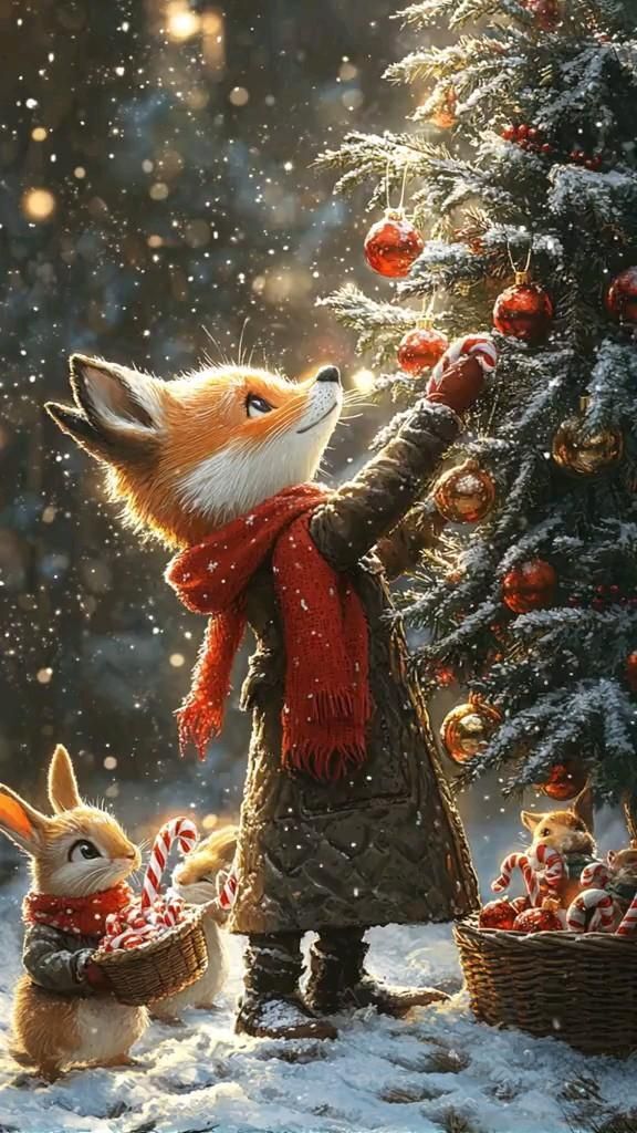 Открытка с Новым годом. Зверята украшают елочку в лесу. Без текста. Открытка с Новым годом. Зверята украшают елочку в лесу. Без текста.