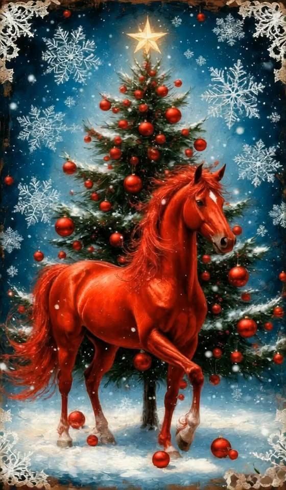 Открытка с Новым годом лошади 2026. Без текста. Лошадь и елочка. Открытка с Новым годом лошади 2026. Без текста. Лошадь и елочка.