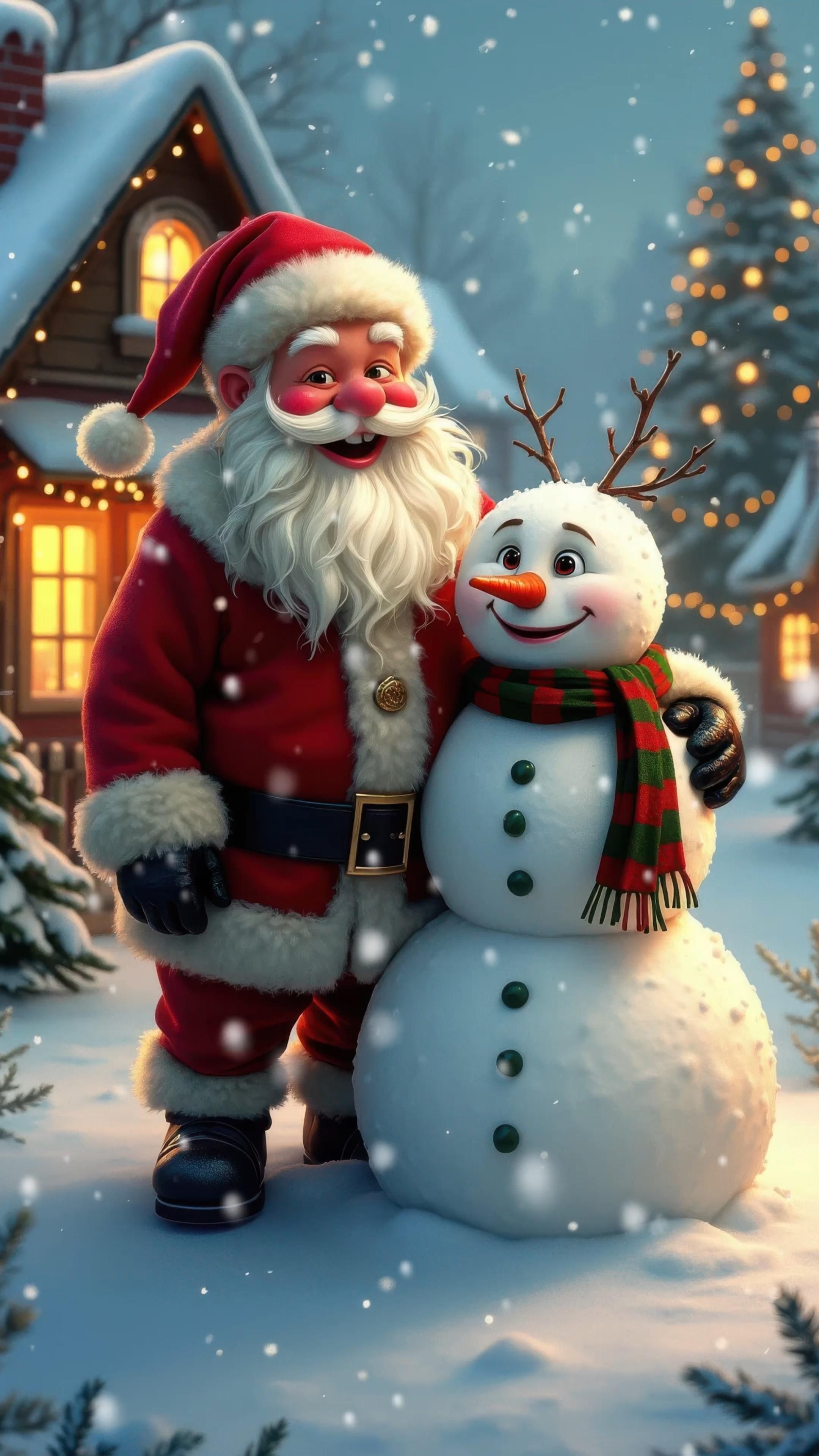 Открытка с Новым годом. Санта со снеговиком. Без текста.