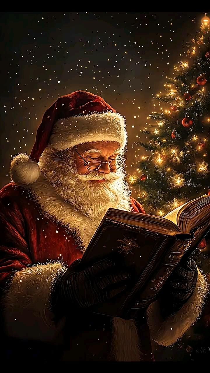 Открытка с Новым годом. Без текста. Дед Мороз с книгой, елочка.