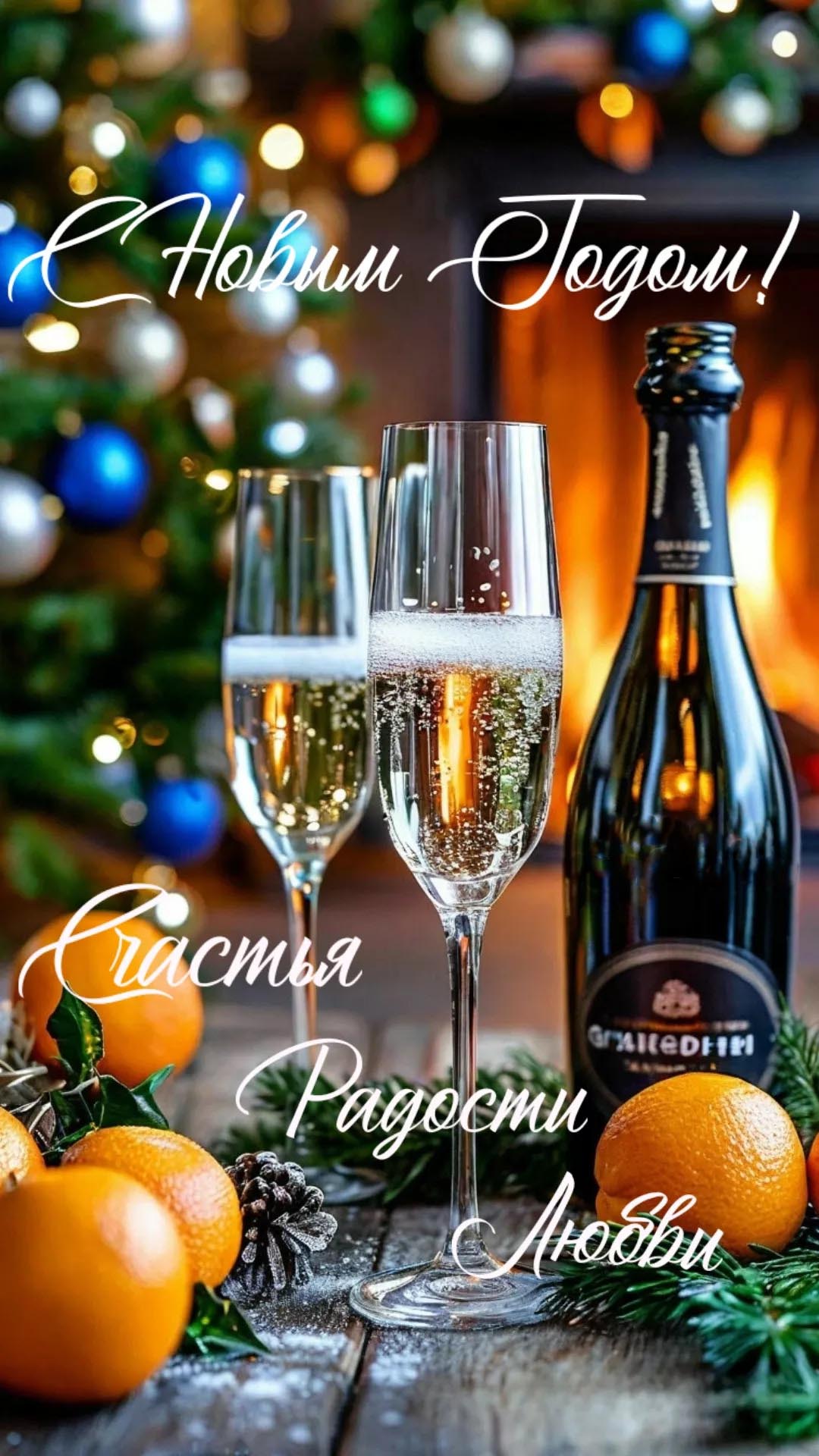 Открытка с Новым годом. Шампанское, фрукты, елочка. Открытка с Новым годом. Шампанское, фрукты, елочка.