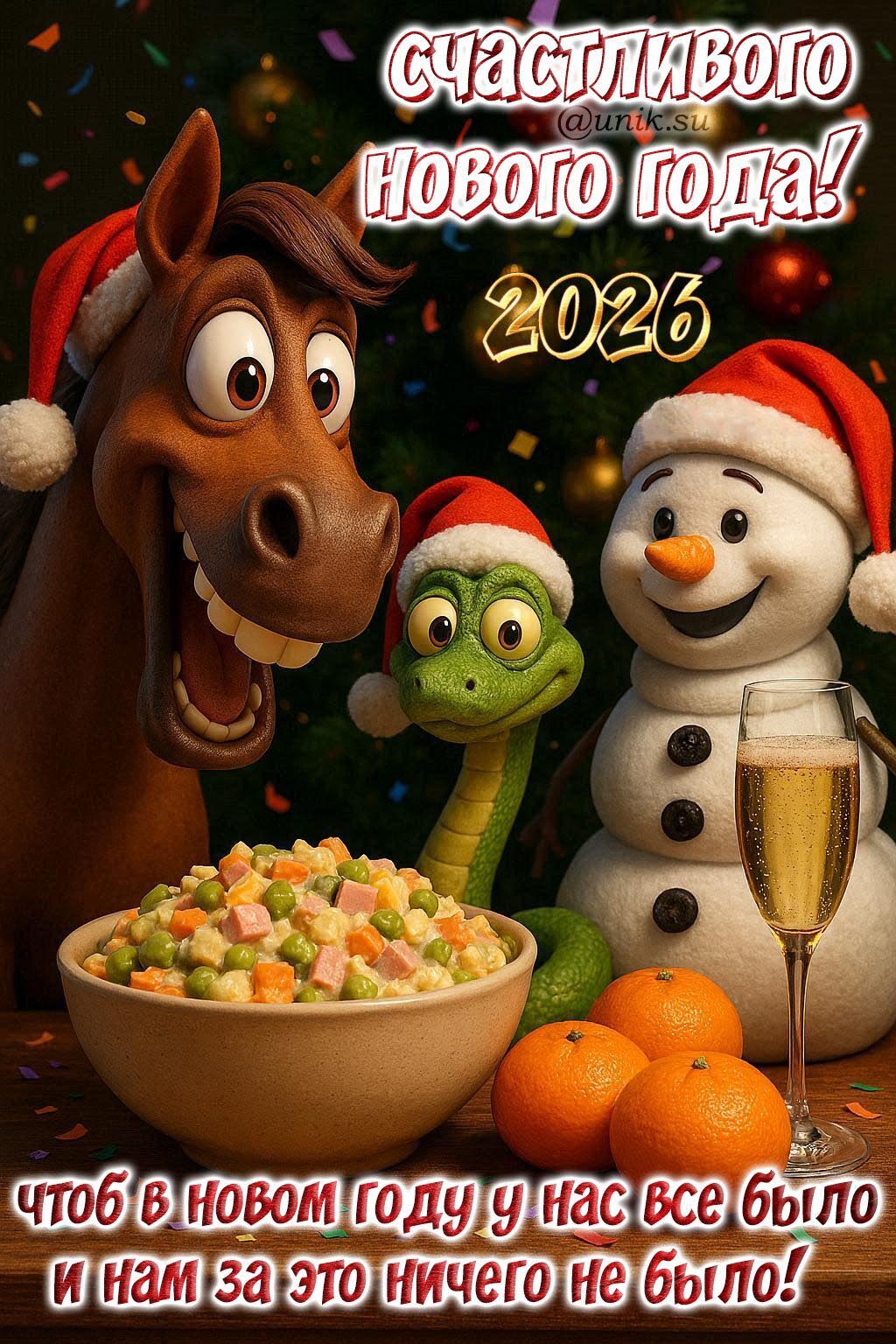 Открытка с Новым годом 2026. Лошадь, змея, снеговик, оливье. Открытка с Новым годом 2026. Лошадь, змея, снеговик, оливье.
