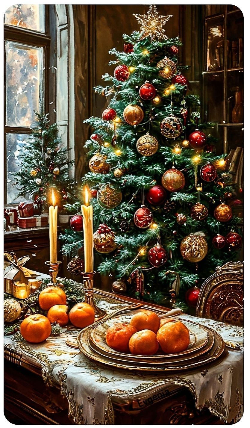 Открытка с Новым годом. Без текста. Елочка и накрытый стол.