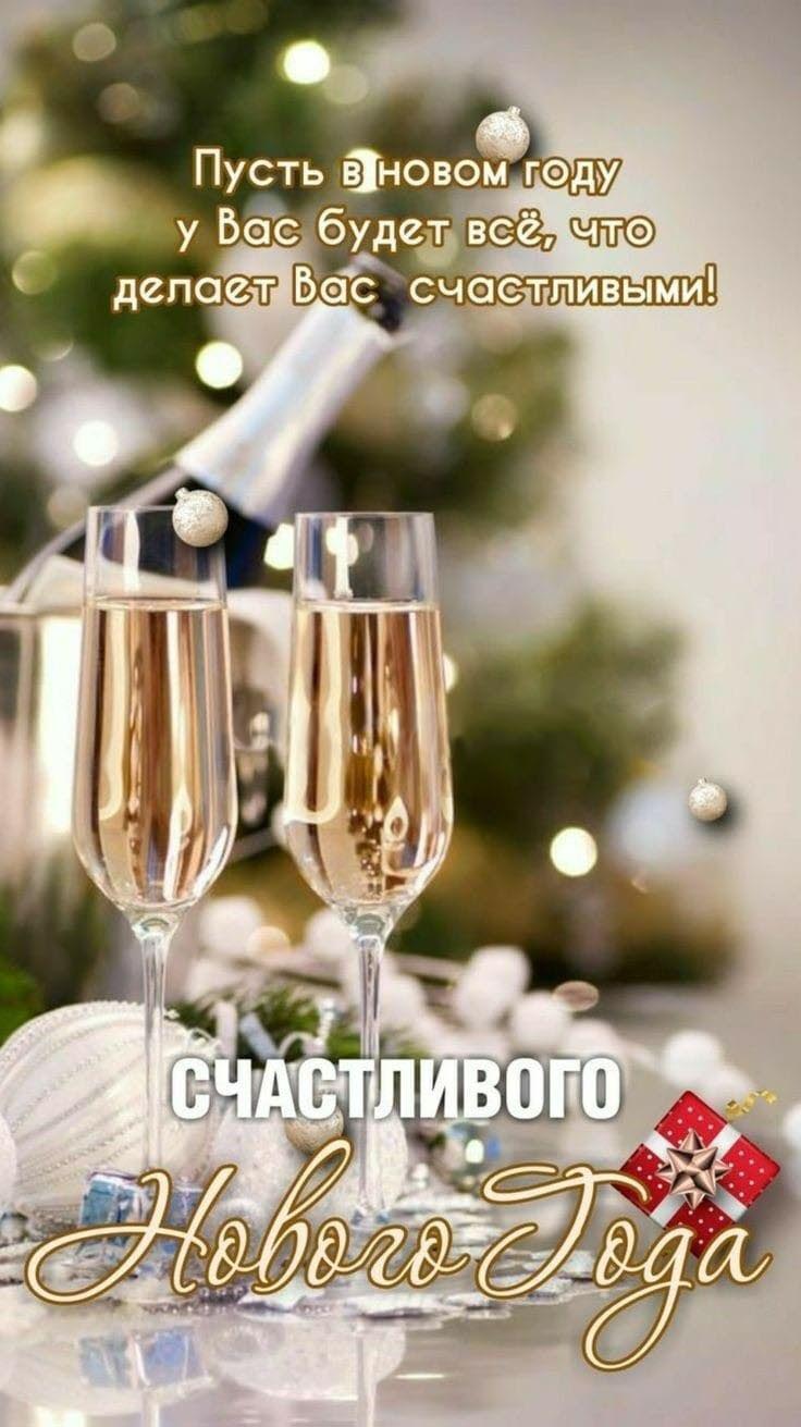 Открытка с Новым годом. Счастливого нового года! Шампанское, подарки, пожелания.