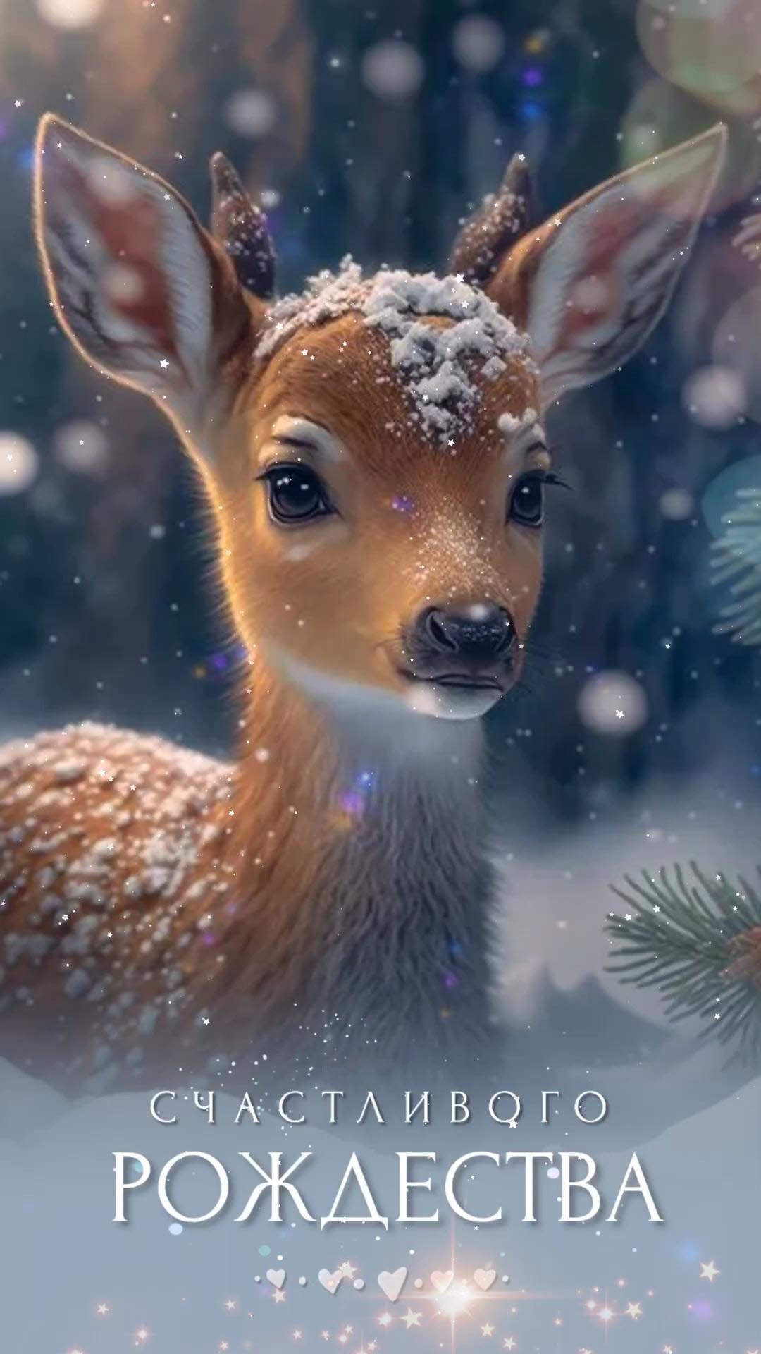 Открытка с Рождеством Христовым. Олененок в снежном лесу.