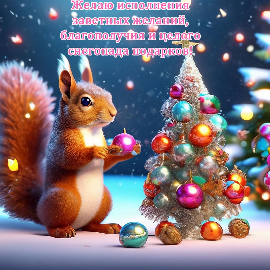 Открытка с Новым годом. Пожелания. Белочка с украшениями. Открытка с Новым годом. Пожелания. Белочка с украшениями.