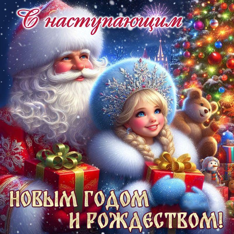 Открытка с наступающим Новым годом и Рождеством. Дед Мороз и Снегурочка с подарками. Открытка с наступающим Новым годом и Рождеством. Дед Мороз и Снегурочка с подарками.
