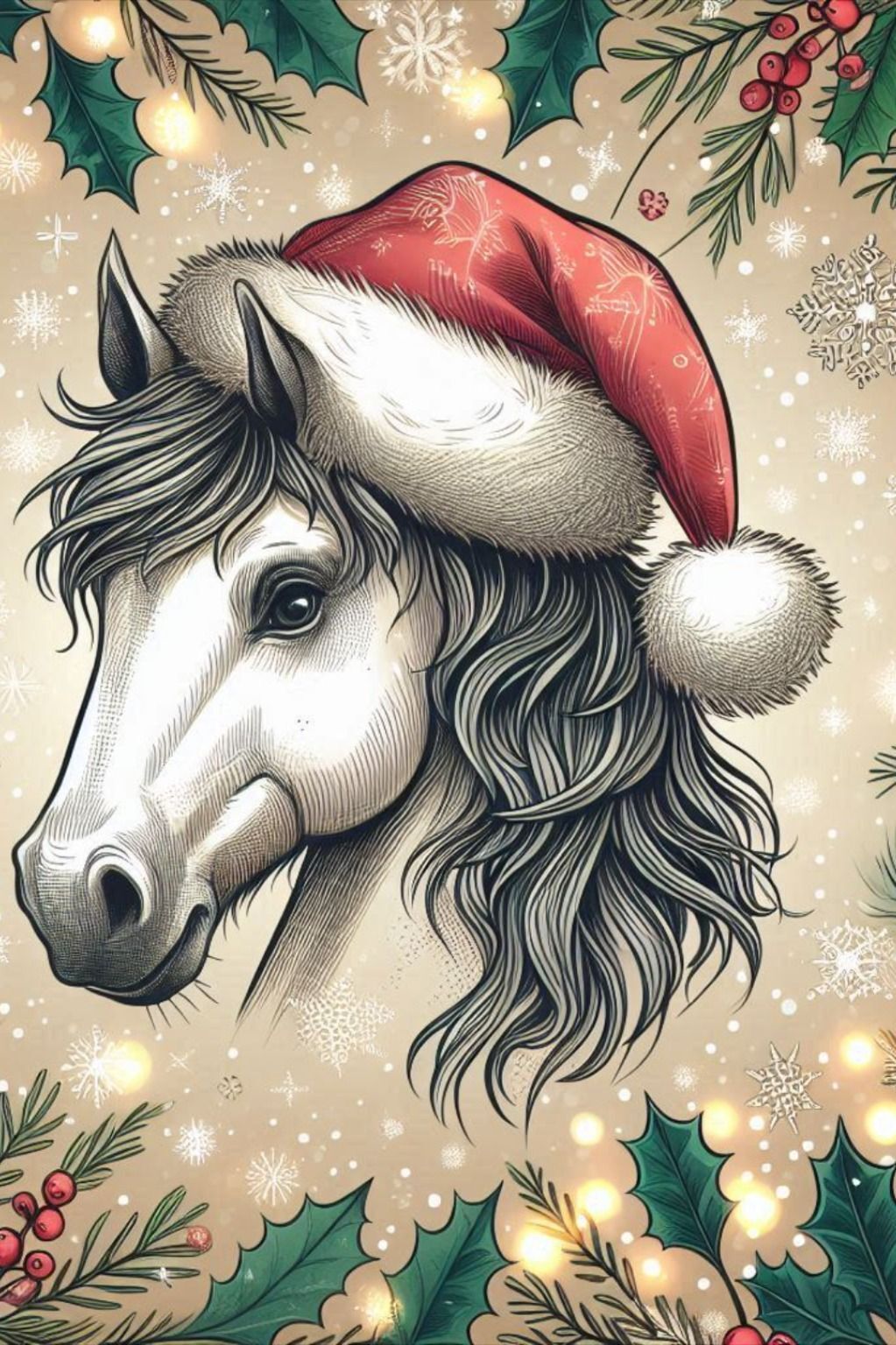 Открытка с Новым годом лошади. Лошадь в новогодней шапочке. Открытка с Новым годом лошади. Лошадь в новогодней шапочке.