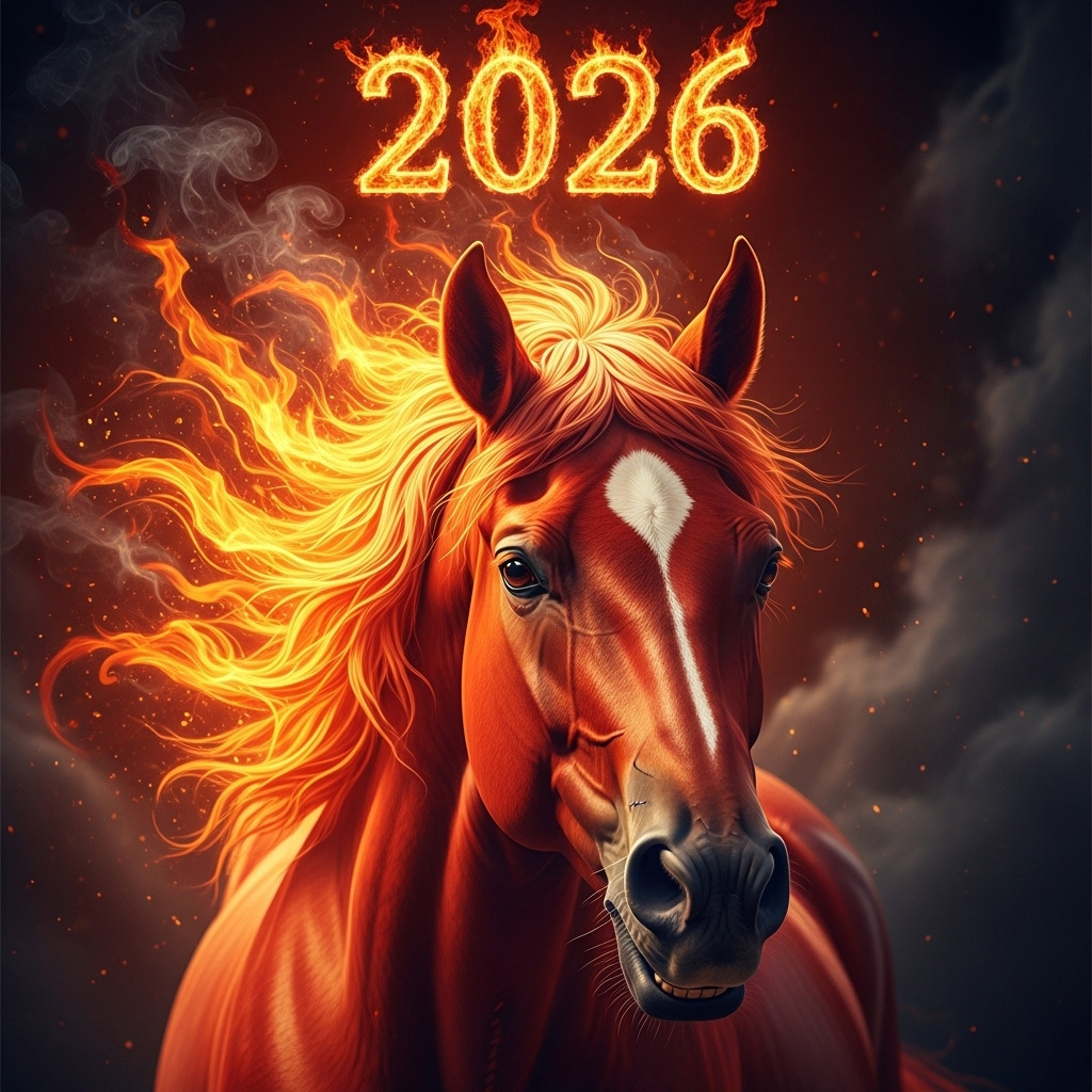 Открытка с Новым годом лошади 2026. Огненная лошадь. Открытка с Новым годом лошади 2026. Огненная лошадь.