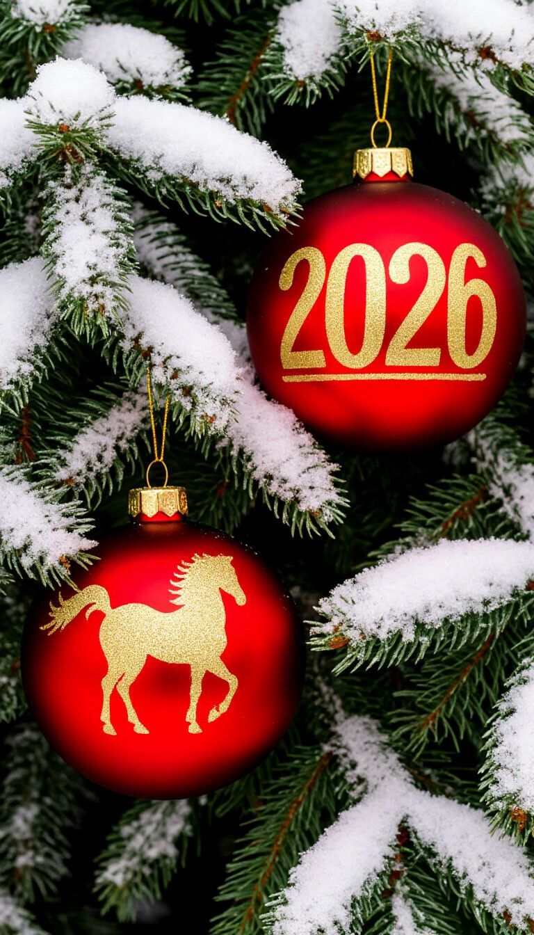 Открытка с Новым годом лошади 2026.  Шарики на елочных ветках.