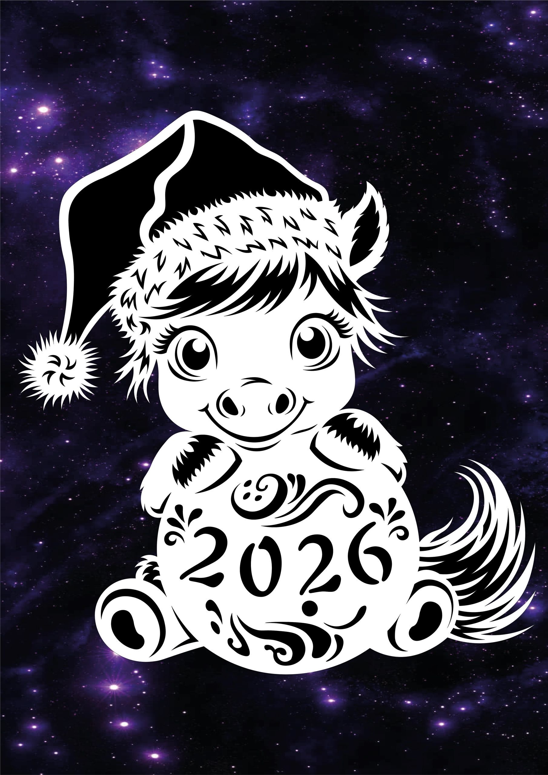 Открытка с Новым годом лошади 2026.  Рисунок милой лошади и 2026.