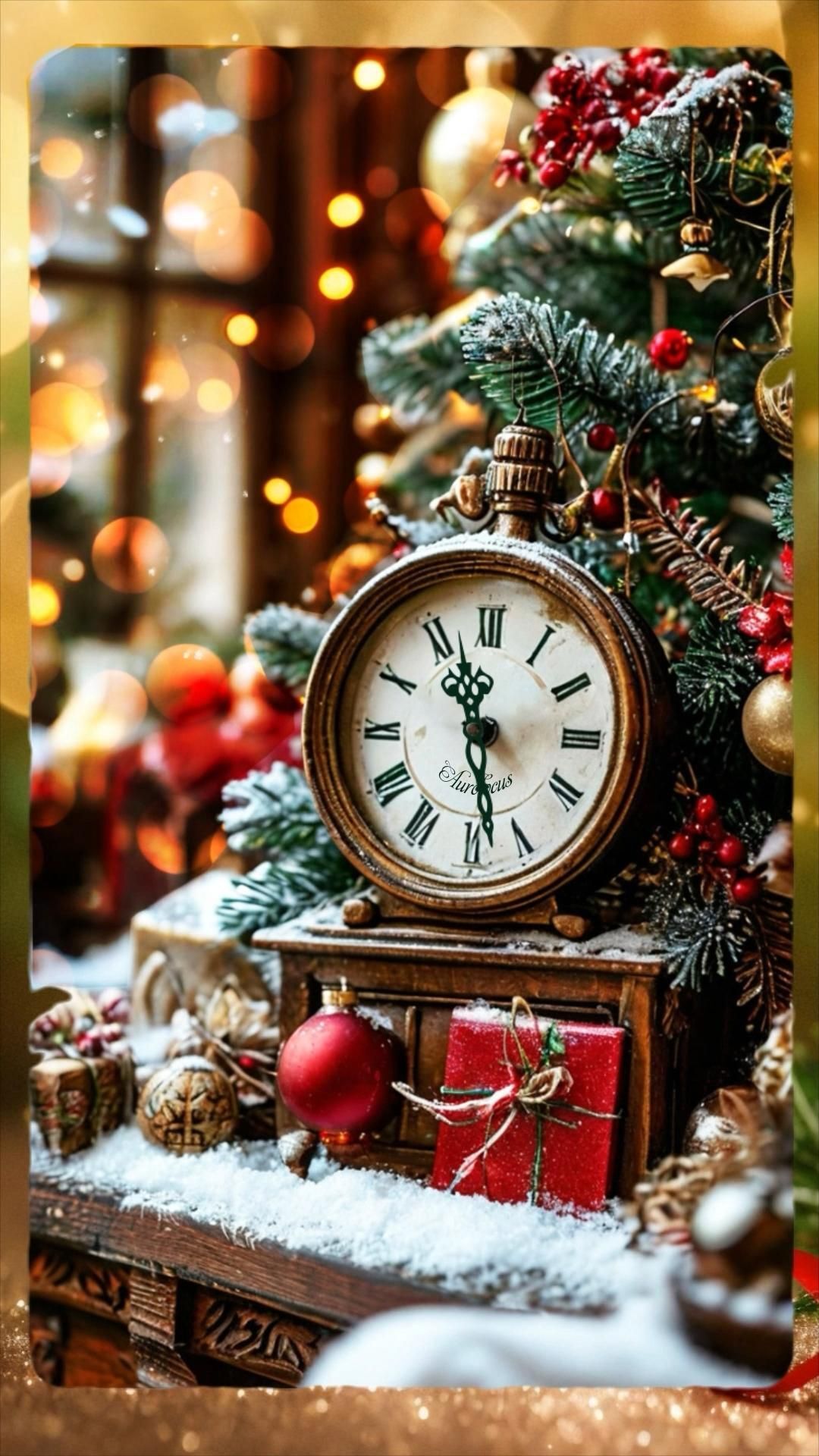 Открытка с Новым годом. Без текста. Новогодние еловые ветки, снег, часы, подарки. Открытка с Новым годом. Без текста. Новогодние еловые ветки, снег, часы, подарки.